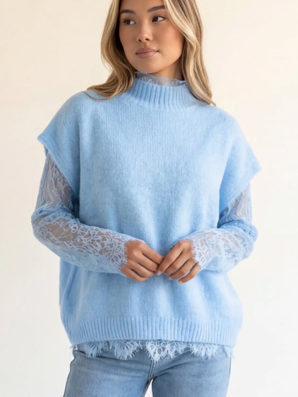 FROM PARIS FRANCE 🇫🇷 Light Blue Lace-Trim Mock Neck Sweater - Women